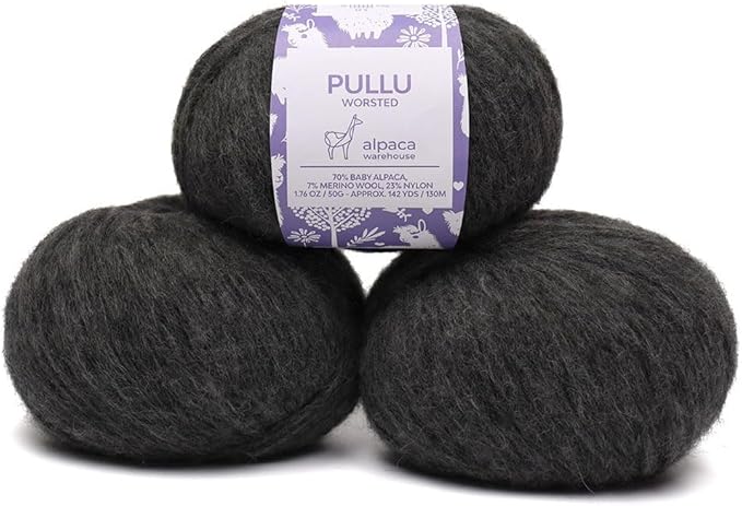 Pullu - Baby Alpaca Merino Wool Yarn Set of 3 Skeins (150 Grams) Worsted Weight - Sourced Directly from Peru - Heavenly Soft and Perfect for Knitting and Crocheting (Gray)