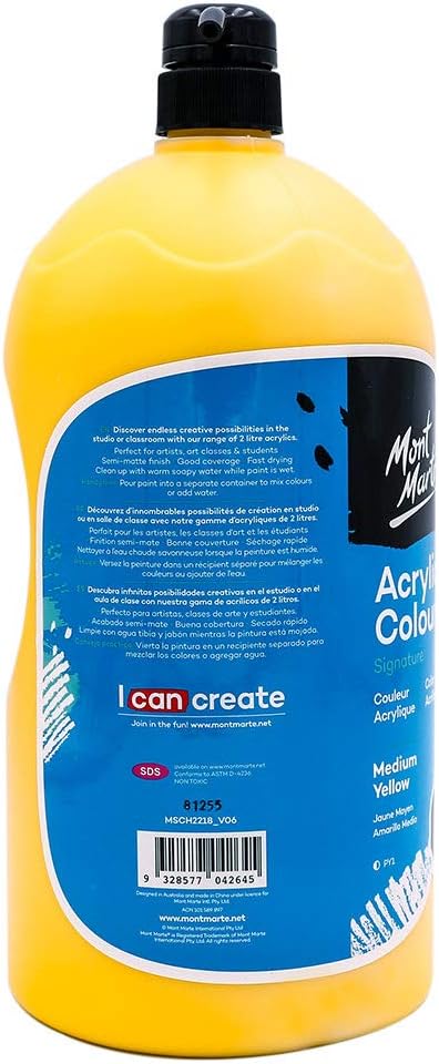 Mont Marte Discovery School Acrylic, 1/2 Gallon (2 Liter). Ideal for Students and Artists. Excellent Coverage and Fast Drying. Pump Lid Included. (Medium Yellow)