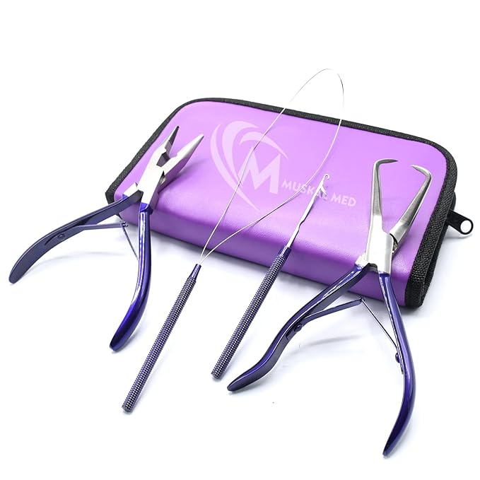 Professional Hair Extension & Beading Tool Kit Remove Plier Set for beads (4 Piece) I-Link Micro Ring Loop Needle Pulling Hook Threader Wire for Silicone Rings (Purple)