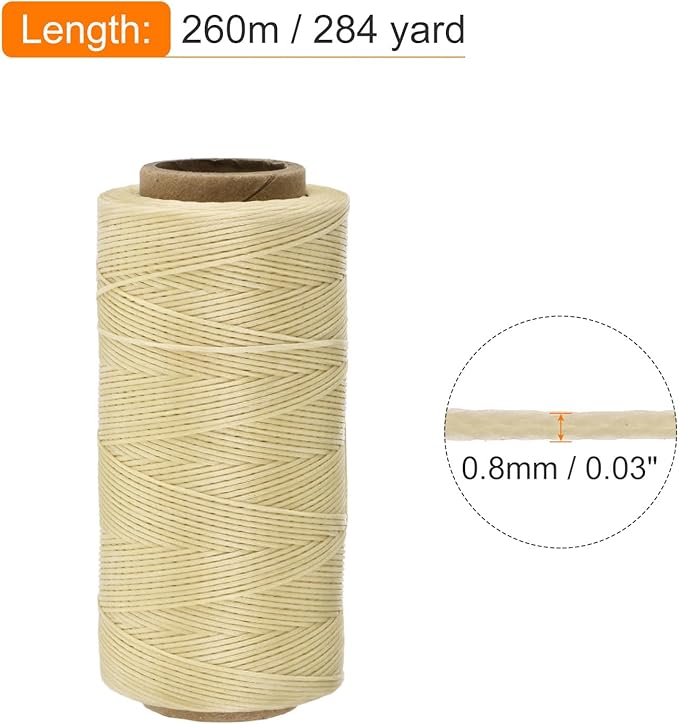 MECCANIXITY Waxed Thread,284 Yard 0.8mm 150D Flat Wax Thread Polyester Waxed String for Leather Sewing Hand Weaving Book Binding Home Decoration,Beige