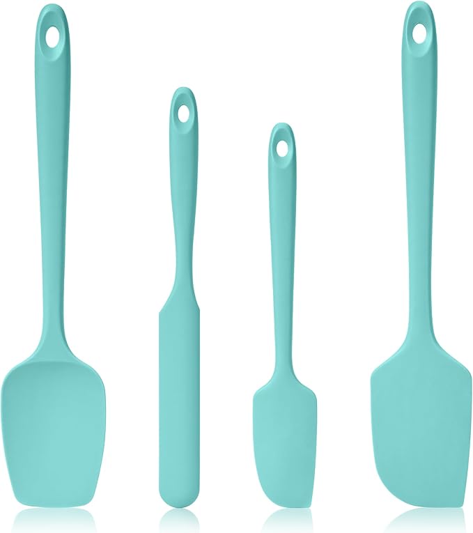 600ºF Heat Resistant Spatulas, High Heat Food Safe Semless Kitchen Silicone Scraper Set for Cooking Baking Mixing Scraping Stirring Nonstick Cookware Pan Bowl (4Pcs,Aqua Sky)