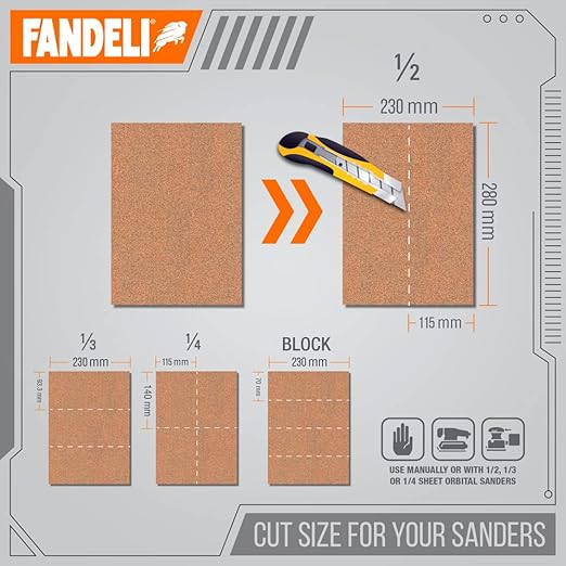 Fandeli 36027 220 Grit Multipurpose Sandpaper Sheets, 9" x 11", 25-Sheet