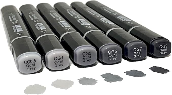 6 Pack Grey Gray Alcohol Markers, Cool Grey Double Tipped Soft Fine Tips and Brush Art Marker for Artists Students Adults kids