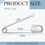 Juexica 40 Pcs 5 Inch Jumbo Stainless Steel Safety Pins Large Heavy Duty Huge Strong Laundry Pins for Upholstery Sewing Quilting Key Rings Craft Outdoor (Silver)