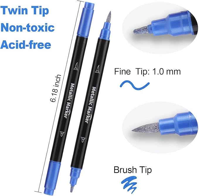 Colourcolor Pack of 12 Metallic Marker Pens - Dual Tip Brush & Fine Point Pens for DIY Album, Black Cards, Rock Painting, Card Making, Scrapbooking, Fabric, Metal, Ceramics, Wine Glass