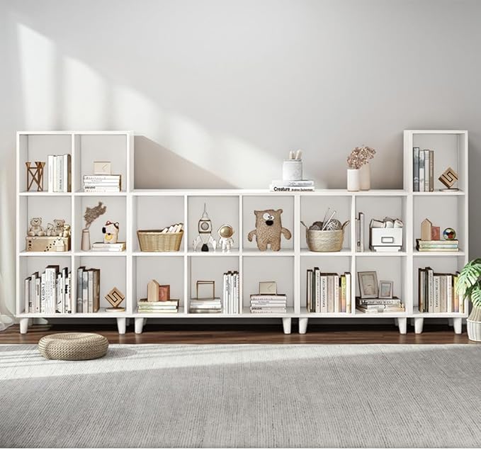 IOTXY Open Cube Low Bookcase - 3-Tier Freestanding Storage Display Cabinet Organizer with Legs for Home Office, 11-Cubes Open Shelf Short Bookshelf, White