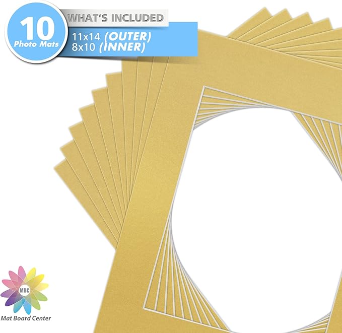 Mat Board Center, Pack of 10, 11x14 for 8x10 Old Gold Color Mats - Bevel Cut, Acid Free, 4-ply Thickness, White Core - for Pictures, Photos, Framing