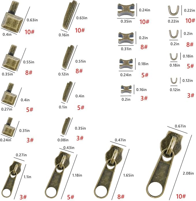 48-Piece Metal Zipper Repair Accessories Set - DIY Sewing Kit with Slider, Retainer, Box Insert, Pin, Top & Bottom Stoppers (Bronze)