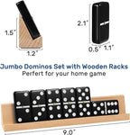 Dominoes Set for Adults with 4 Wooden Racks/Trays, Double Six Dominoes Travel Set with Portable Case Double 6 Dominoes Set with 4 Tiles Holders, 28 Tiles Dominos Set for Family Board Games - Black