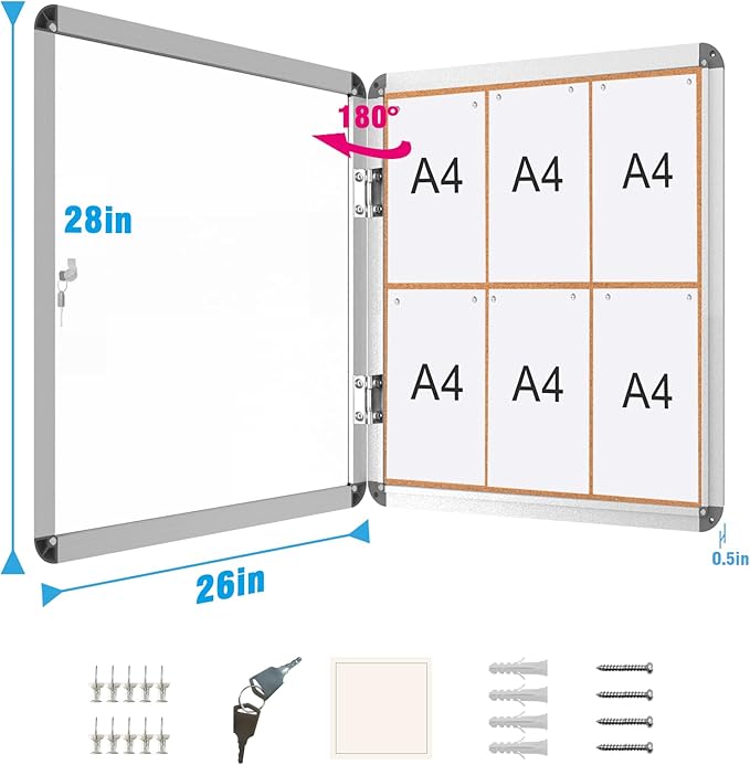 2 Pack 28"x26" Enclosed Bulletin Board, Lockable Weather-Resistant Aluminum Cork Noticeboard for School & Office, Silver Frame w/Cork