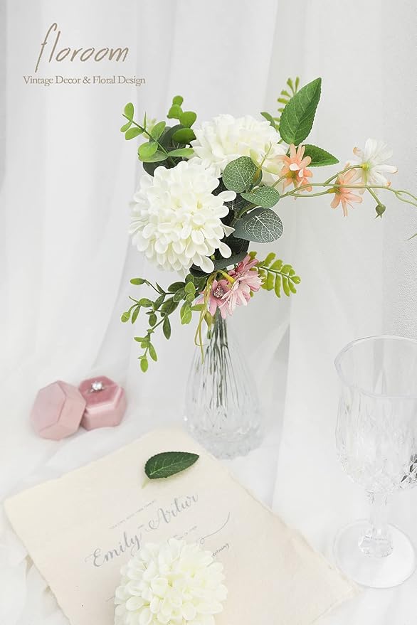 Floroom Artificial Dahlia Flowers 25pcs Real Looking Ivory Foam Fake Roses with Stems for DIY Wedding Bouquets White Bridal Shower Centerpieces Floral Arrangements Party Tables Home Decoration