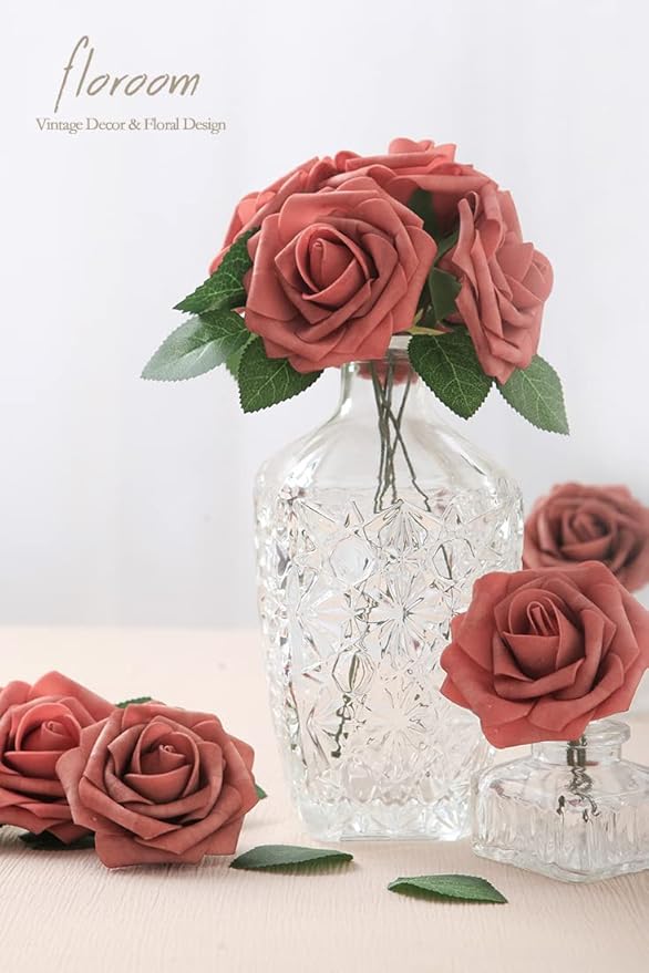 Floroom Artificial Flowers 25pcs Real Looking Dusty Cedar Foam Fake Roses with Stems for DIY Wedding Bouquets Bridal Shower Centerpieces Floral Arrangements Party Tables Home Decorations