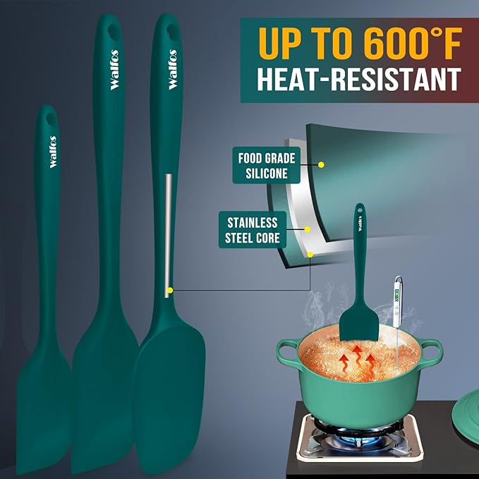 Walfos Silicone Spatula Set of 5 - (600°F) High Heat Resistant Dark Green Kitchen Scraper Spatulas, One-Pieces Seamless Design, Perfect for Cooking Mixing & Baking - BPA Free and Dishwasher Safe