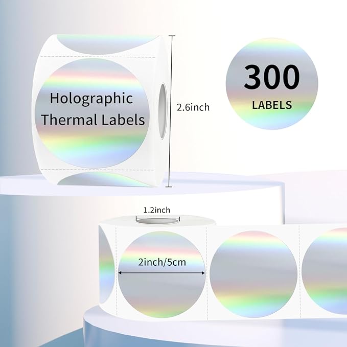 2" Circle Holographic Thermal Label Stickers, Round Printable Rainbow Glitter Thermal Printer Sticker Labels for Gift Wrapping, Self-Adhesive Name Price Tag DIY Custom Logo Design- Silver