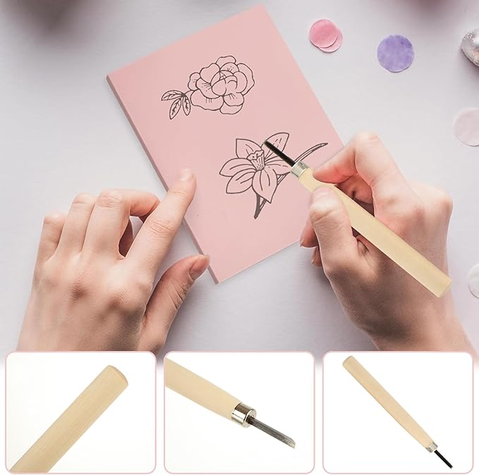 10 Pack Rubber Stamp Making Kit - Block Printing Kit，Linoleum Carving Tools with 8 Type Blades, 8 Pcs Pink Rubber Carving Block and Rubber Brayer Roller