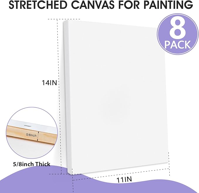 ESRICH Stretched Canvas for Painting, 8 Pack Canvases for Painting 11x14, 5/8 in Profile Primed White Painting Canvas for Oil & Acrylic Paint.