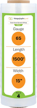 PSBM Stretch Wrap, 4 Pack, 15 Inch x 1500 Feet, 65 Gauge, Clear Plastic Cling, Cast Hand Stretch Film Rolls for Packaging Moving Packing Pallets
