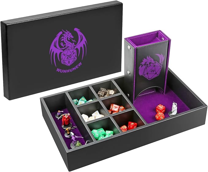 DND Dice Tray & Tower Storage Box, 4 in 1 D&D Dice Holder Case (Dice Rolling Tray, Dice Roller Tower, Dice & Miniature Storage), Great RPG Accessories Gifts for Dungeons and Dragons MTG DM & Player