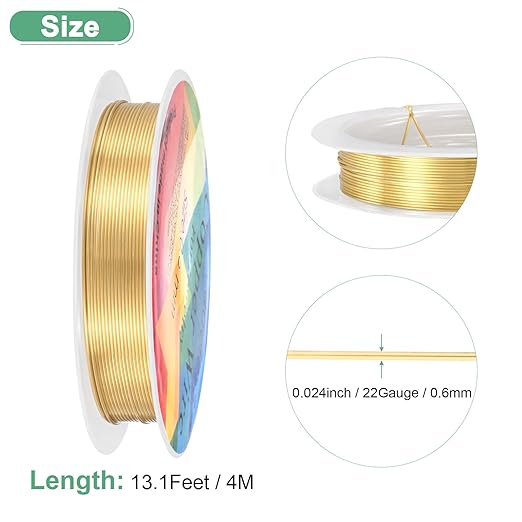 0.6 mm/22 Gauge Copper Wire for Jewelry Making, 13.1FT Copper Beading Craft Wire for Jewelry/Weaving/DIY Crafting/Planting, Color-Retaining [4M, KC-Gold]
