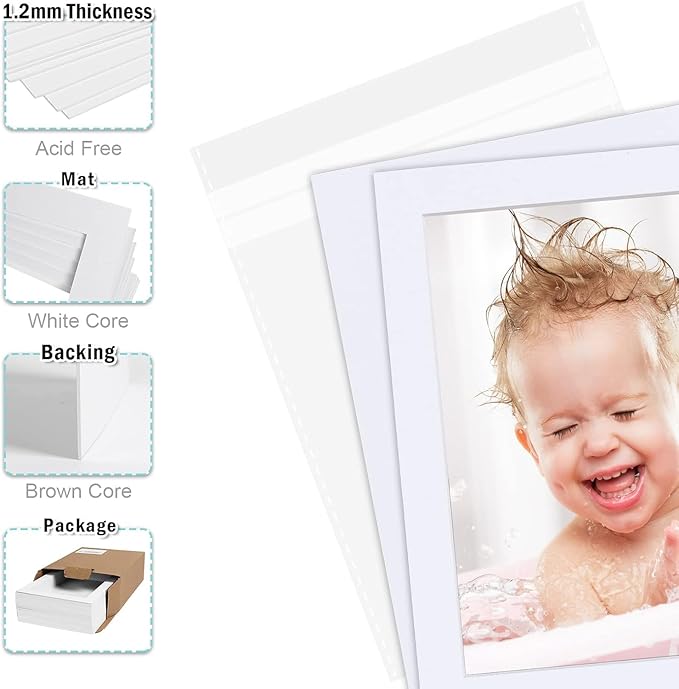 Egofine Pack of 5 White Mat Board Pre-Cut 8x10 Picture Mat for 5x7 Photo with White Core Bevel Cut Mattes Sets. Includes 5 High Premier Acid Free Mats & 5 Backing Board & 5 Clear Bags