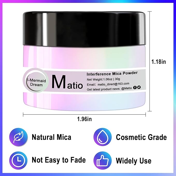 Matio Interference Mica Powder, 1.06oz/ 30g Snow White Chrome Powder, Pearlescent Effect Color Shift Pigment for Epoxy Resin, Makeup Shimmer,Nail Polish,Soap Dye,Candle Making,Paint,Slime Pigment