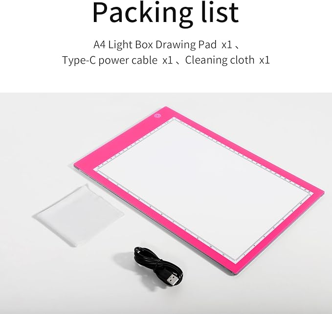 Light Box Drawing Pad, Tracing Board with Type-C Charge Cable and Brightness Adjustable for Artists, AnimationDrawing, Sketching, Animation, X-ray Viewing (A4-P-Pink-New)