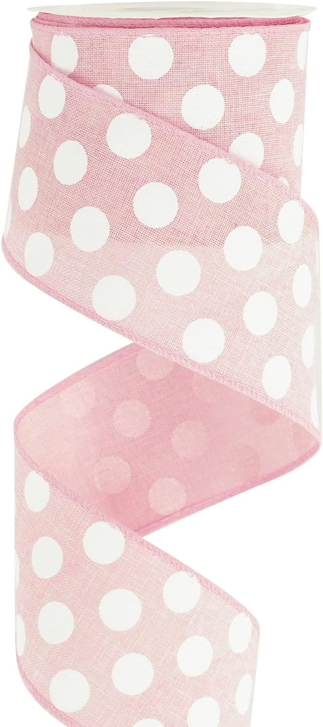 MEEDEE Pink Polka Dot Ribbon - 2.5 inch Wired Ribbon for Baby Girl Wreaths & Crafts, 10 Yards