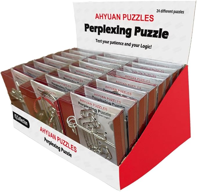 AHYUAN 24 Packs Large Metal Puzzles Brain Teaser IQ Wire Puzzles with Individual Backside Solution Paper Box Gift Package Educational Puzzle Games Toys Magic Trick Toy Party Favors for Kids Adults