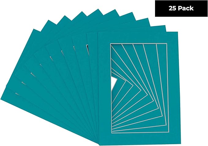 6x8 Mat for 8x10 Frame - Precut Mat Board Acid-Free Show Kit with Backing Board, and Clear Bags Teal Blue 6x8 Photo Matte Made to Fit a 8x10 Picture Frame Matboard for Framing, Pack of 25 Mats