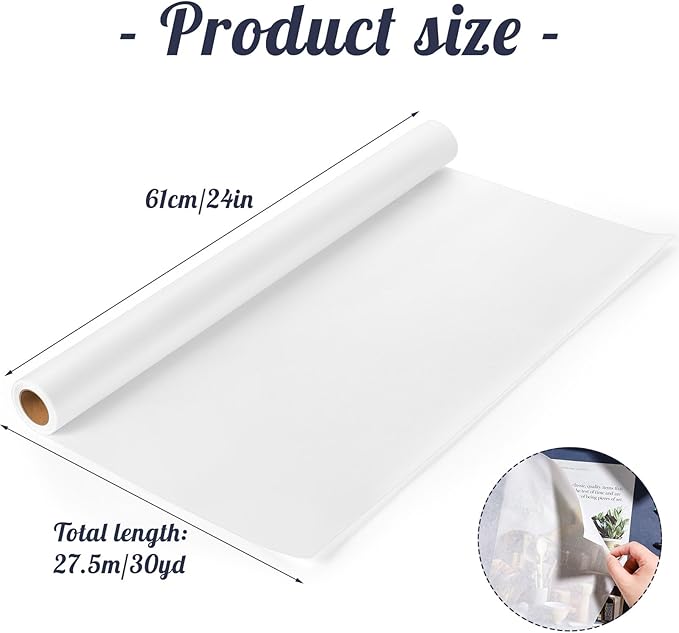 Tracing Paper Roll 24in x 30yd, White Trace Paper Pattern Paper Translucent Tracing Paper for Sewing, Drawing, Sketching, Gift Wrapping