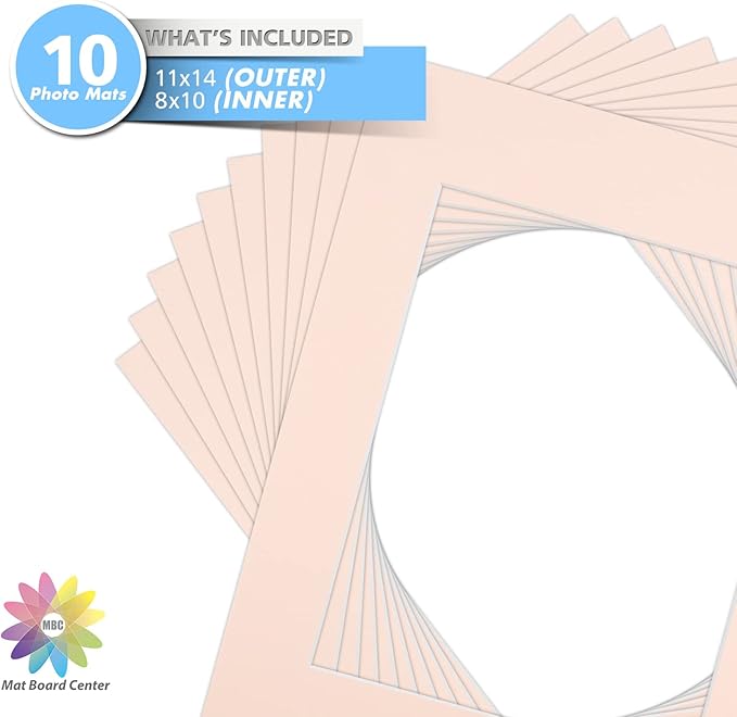 Mat Board Center, Pack of 10, 11x14 for 8x10 Pink Color Mats - Bevel Cut, Acid Free, 4-ply Thickness, White Core - for Pictures, Photos, Framing