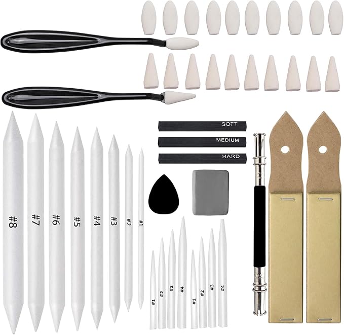 46 PCS Blending Stumps and Tortillions Paper Art Blenders Sketch Drawing Tools with Charcoal Sticks,Sandpaper Sharpeners,Wipe Scrapers,Rub Sponge and Kneaded Eraser for Student Artist Drawing Shading