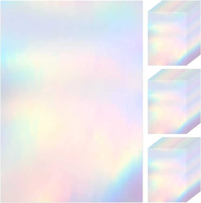 60 Sheets Holographic Laminate Sheets Clear Glitter A4 Size Vinyl Sticker Paper Holographic Overlay Self Adhesive Waterproof Transparent Film, 11.7 x 8.3 Inch (Rainbow)