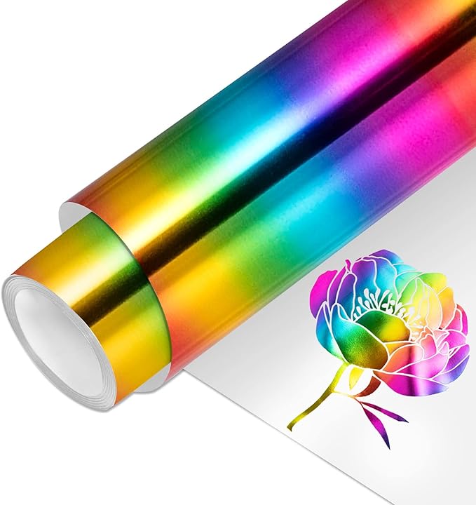 VINYL FROG Metallic Foil HTV Vinyl Roll 12" x5ft Rainbow Heat Transfer Vinyl Holographic Chrome Iron on Vinyl Easy to Cut & Weed DIY Heat Press Design for T-Shirts