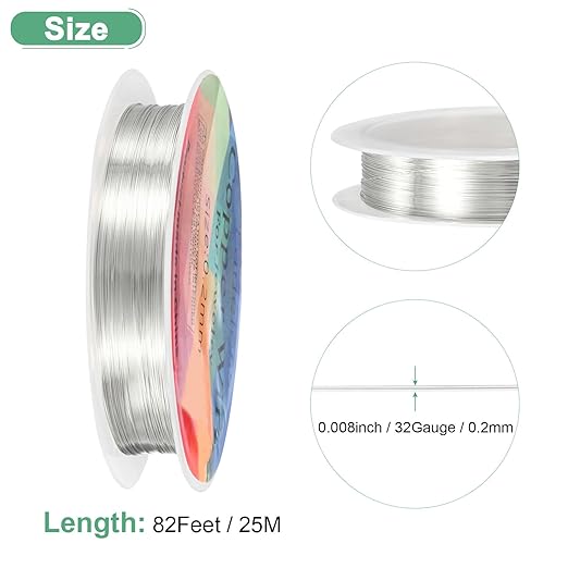 0.2 mm/32 Gauge Copper Wire for Jewelry Making, 82FT Copper Beading Craft Wire for Jewelry/Weaving/DIY Crafting/Planting, Color-Retaining [25M, Bright Silver]