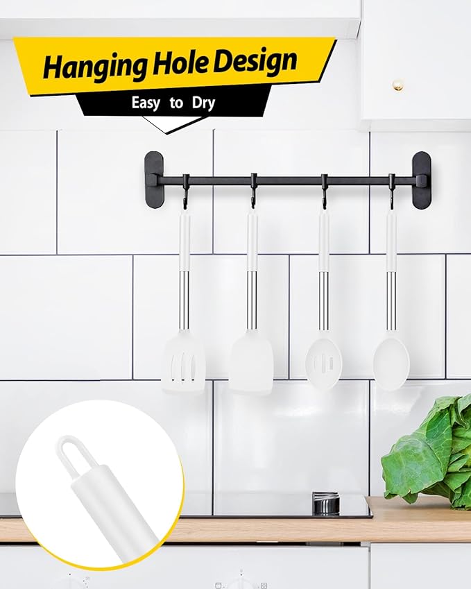 Pack of 4 Silicone Cooking Utensils Set, Non Stick Large Solid Spatulas, Heat Resistant Slotted Spoons, Ideal BPA Free Kitchen Turners for Frying, Mixing,Serving,Draining,Turning,Stirring (WHITE)