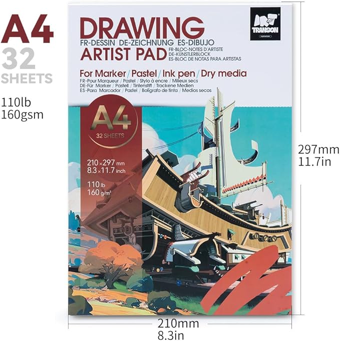 TRANSON Artist Mix Media Sketchbook Marker Pad, 8.3”x11.7” 32 Sheets A4 Art Papers, 110lb/160gsm for Painting, Drawing and Sketching