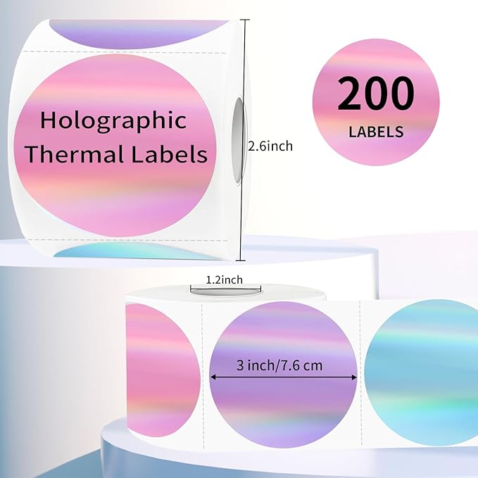 3" Circle Holographic Thermal Label Stickers, Round Printable Labels Rainbow Glitter Thermal Printer Sticker for Gift Wrapping- Spring Color/ 4 Colors