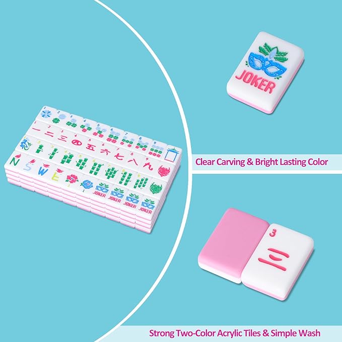 American Mahjong Tile Set(Pink) with Carrying Bag and Accessories, 160 Acrylic Engraved Mahjong Tiles
