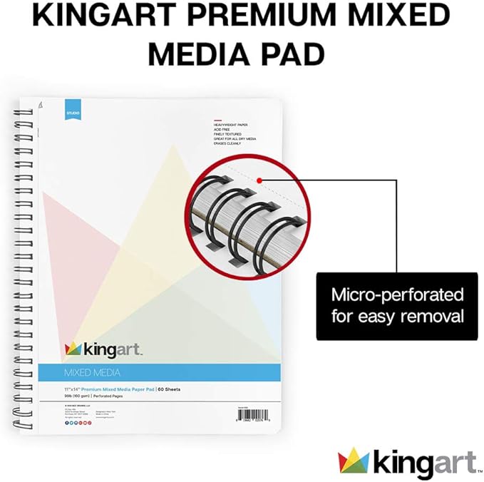 KINGART Mixed Media Sketchbooks, 11 x 14 Inches, 60-Sheet, 98lb/160gsm Acid-Free Paper, Micro-Perforated, Spiral-Bound, Wet and Dry Media