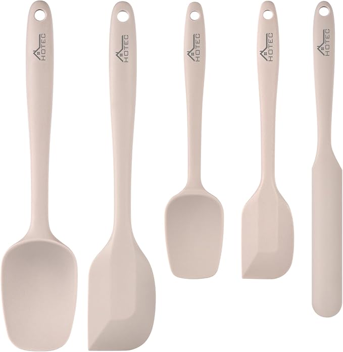HOTEC 600℉ Heat Resistant BPA-Free Silicone Rubber Spatula Set,Kitchen Cooking Spatulas, Baking, Mixing for Non Stick Cookware, Dishwasher Safe, Set of 5, Khaki