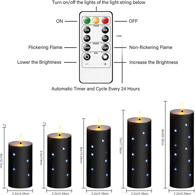 Flickering Flameless Candles,Battery Operated Real Wax LED Pillar Candles with Remote Control and Timer,with Embedded Star String,Set of 9 (Black)