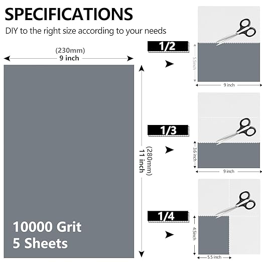 10000 Grit Sandpaper, 9 x 11 Inch Wet Dry Sand Paper Hand Abrasive Sanding Sheets for Wood Metal Automotive Sanding and Polishing, Extra Fine - 5 Sheets