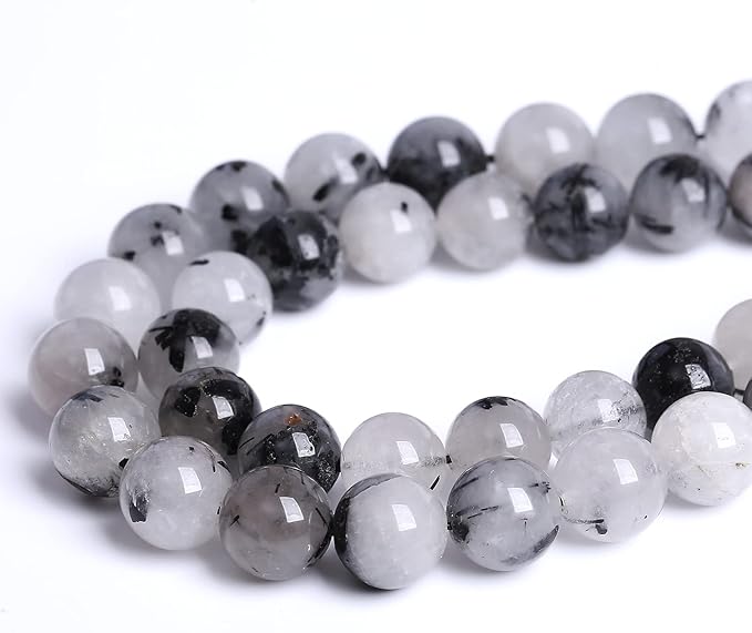 AAA Natural Black Quartz Rutilated Beads Round Loose Beads for Jewelry Making DIY Bracelet 38pcs 10mm Crystal Energy Healing Power Stone (Black Rutilated Quartz Crystal, 10mm)