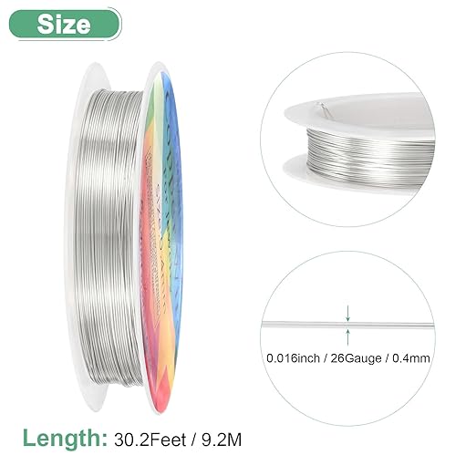 0.4 mm/26 Gauge Copper Wire for Jewelry Making, 30.2FT Copper Beading Craft Wire for Jewelry/Weaving/DIY Crafting/Planting, Color-Retaining [9.2M, Bright Silver]