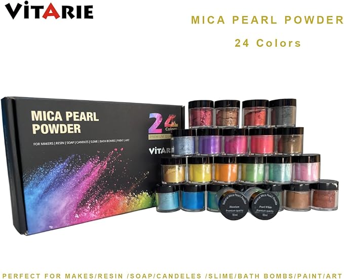 Mica Powder for Lip Gloss, Nails, Epoxy Resin, Soap Making, Bath Bombs, Art Crafts, 24 Colors, 10ml (0.11oz) Each, Neat Jar Set