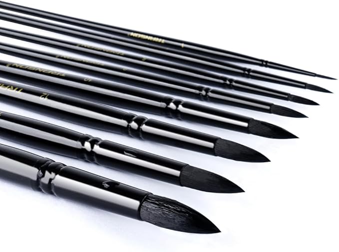 Transon 8pcs Round Watercolor Paint Brush Set Goat Hair for Watercolors,Acrylics,Inks,Gouache,Oil and Tempera Black Color