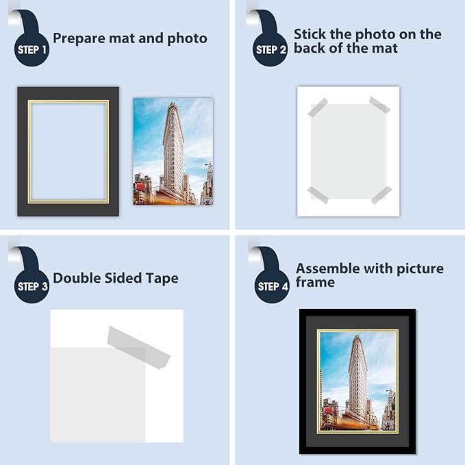 Mat Board Center, Double Mat - Acid Free, 8-ply Thickness, White Core - for Pictures, Photos, Framing (Black Over Gold, 11x14 for 8.5x11, Pack of 5)