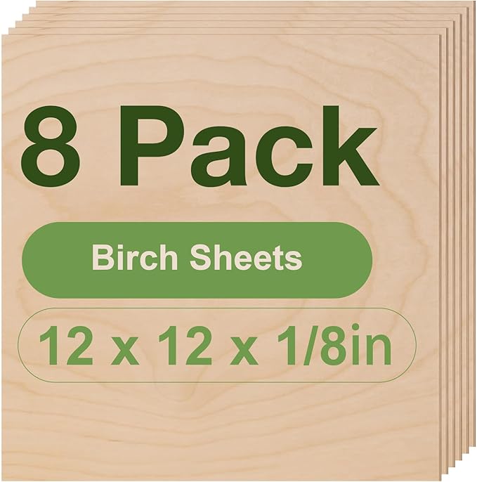 8 Pack Birch Plywood Sheets, 12 x 12 x 1/8 Inch, 3mm for Laser Cutting, Architectural Models, Wood Burning & DIY Crafts