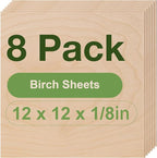 8 Pack Birch Plywood Sheets, 12 x 12 x 1/8 Inch, 3mm for Laser Cutting, Architectural Models, Wood Burning & DIY Crafts